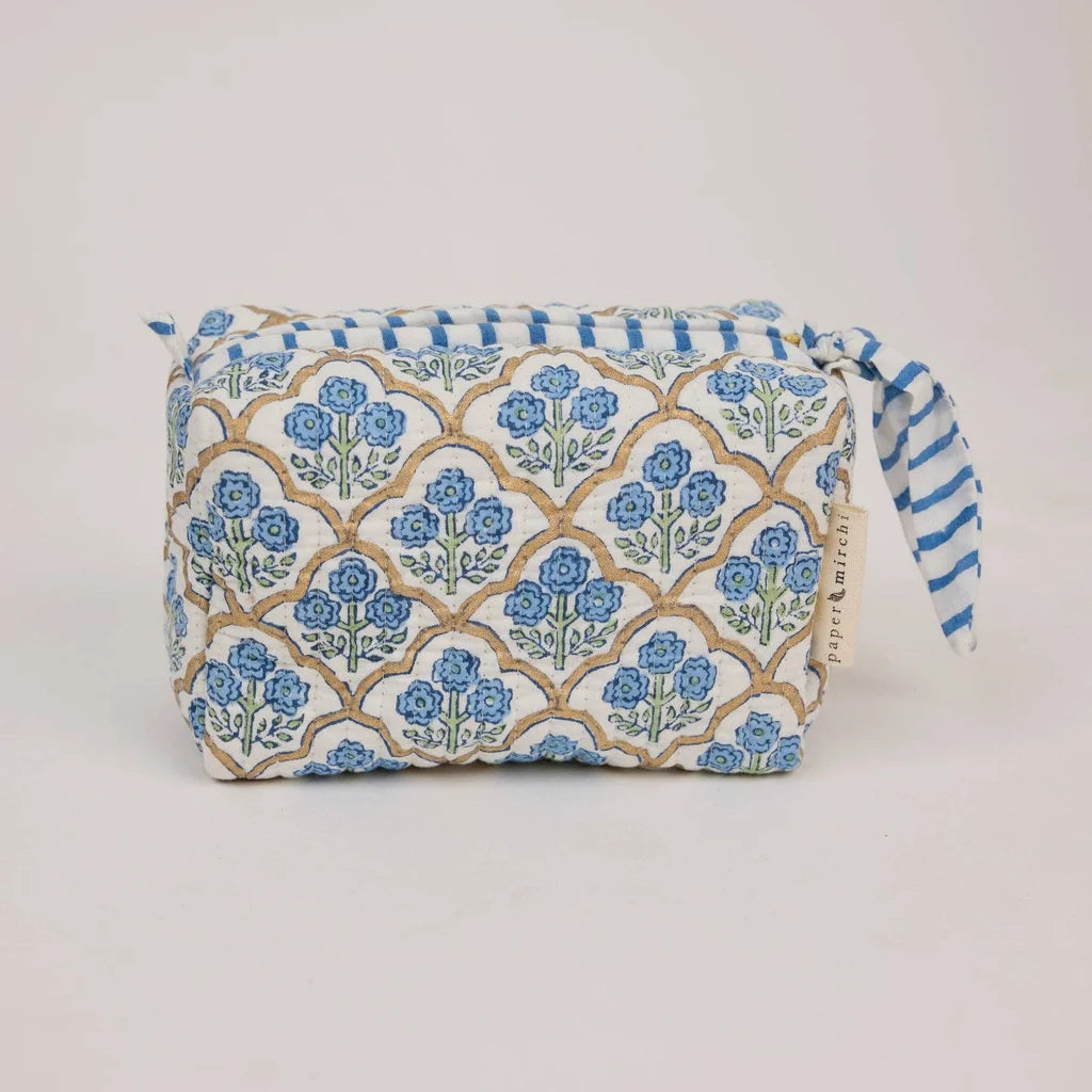 Paper Mirchi - Organic Cotton Block Printed Wash Bag - Blue, Small
