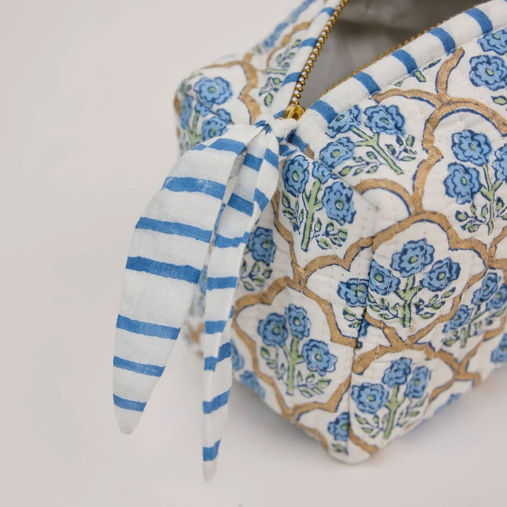 Paper Mirchi - Organic Cotton Block Printed Wash Bag - Blue, Small