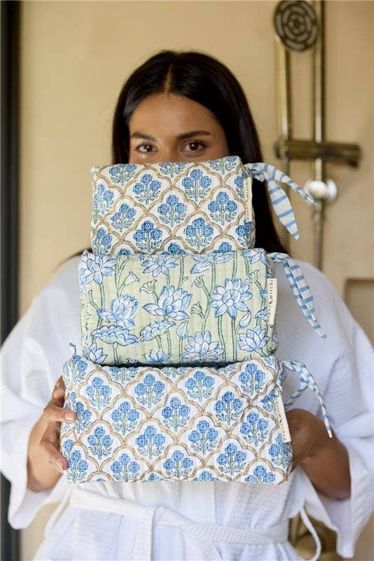 Paper Mirchi - Organic Cotton Block Printed Wash Bag - Blue, Small