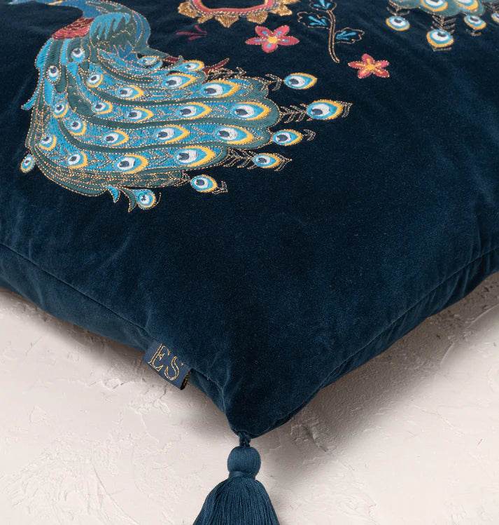 Elizabeth Scarlett Peacock Floral Cushion - Ink Blue