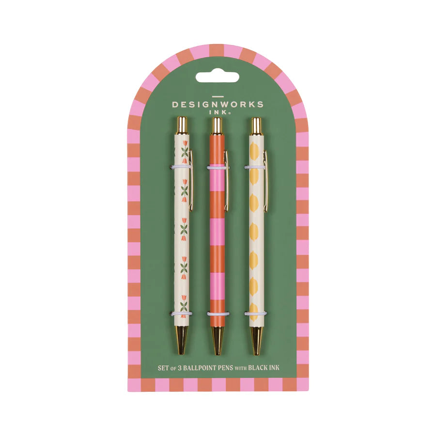 Pen Set of 3 - Flower, Stripe & Lemon