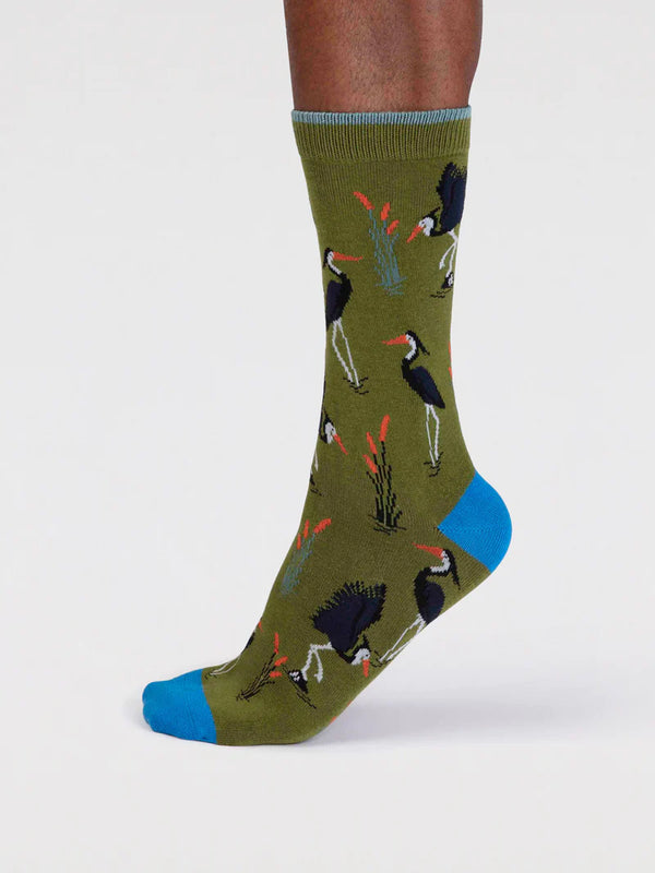 Thought Men's Gino Bamboo Heron Bird Socks - Moss Green