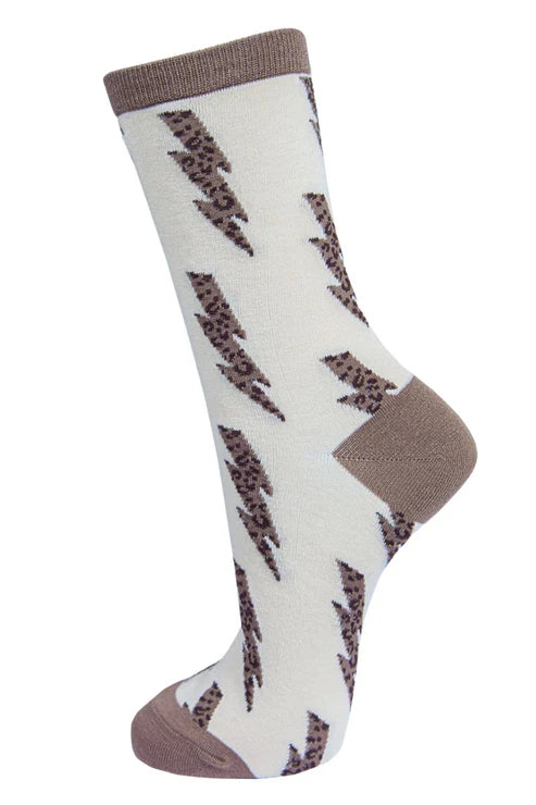 Sock Talk - Womens Bamboo Socks Leopard Print Socks Lightning Bolts Neutral