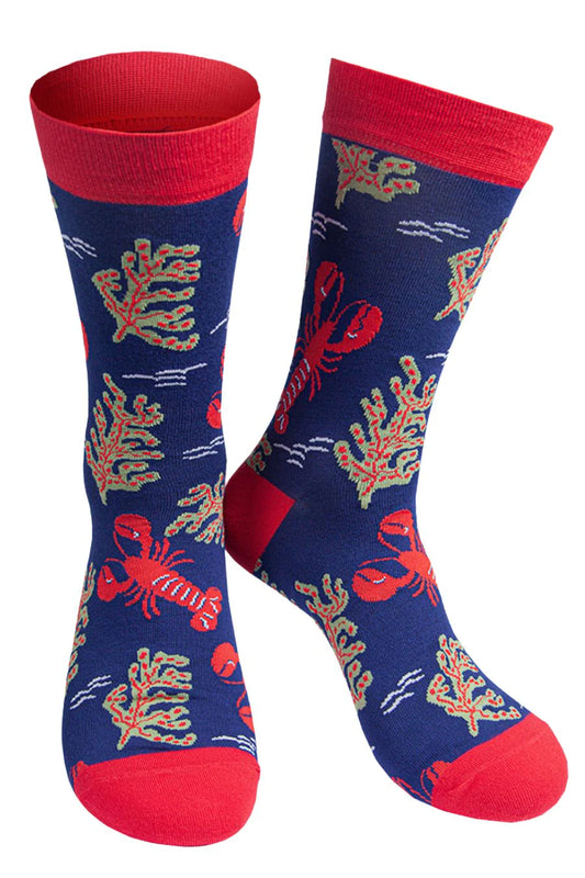 Sock Talk Men's Bamboo Red Lobsters Ocean Animal Socks Navy Blue