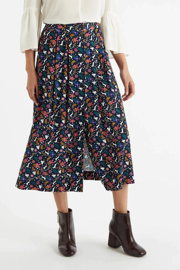 Louche Bia White Rabbit Print Button Through Midi Skirt