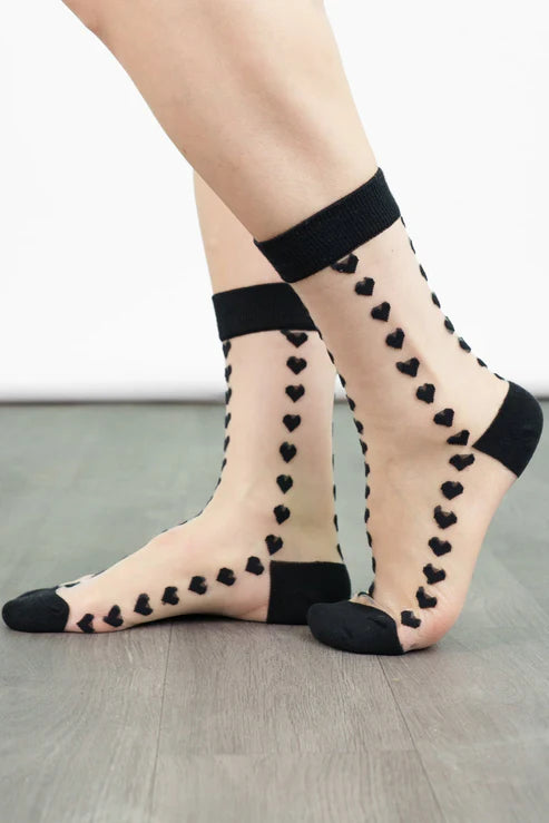 Sock Talk Women's Sheer Ankle Socks- Black, Heart