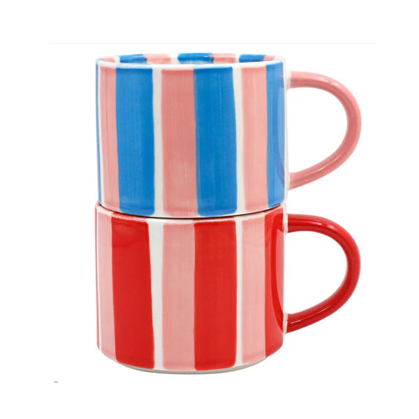 Lesser & Pavey - Stackable Striped Pink, Blue & Red Mugs (Set of 2)
