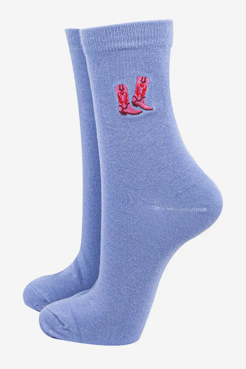 Sock Talk Women's Embroidered Ankle Socks- Light Blue, Cowboy Boots