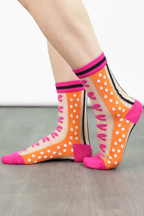 Sock Talk Women's Sheer Ankle Socks- Orange/Hot Pink, Stripe & Bow