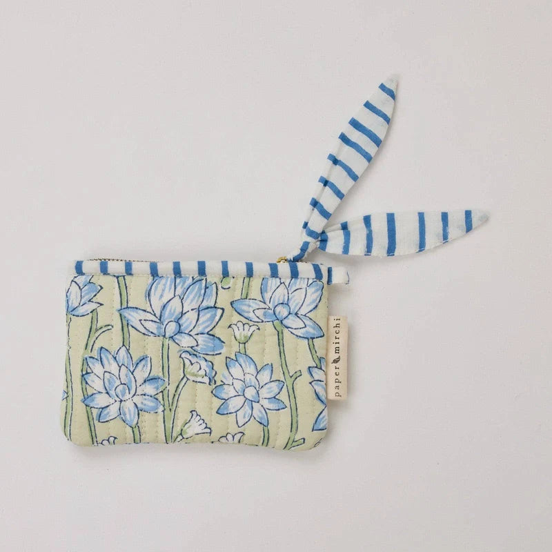 Paper Mirchi - Organic Cotton Block Printed Mini Zipped Pouch - Green/ Blue