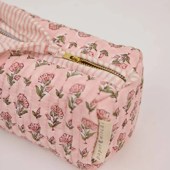 Paper Mirchi - Organic Cotton Block Printed Wash Bag - Pink Floral, Small