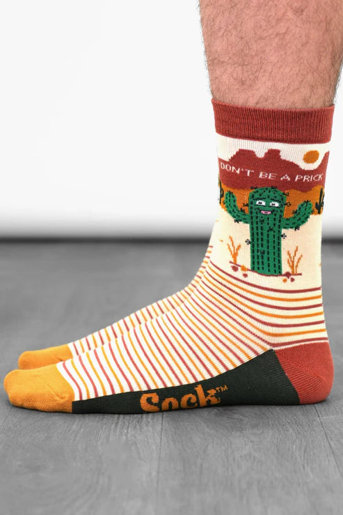 Sock Talk Men's Combed Cotton Crew Socks- Cream, Prickly Cactus