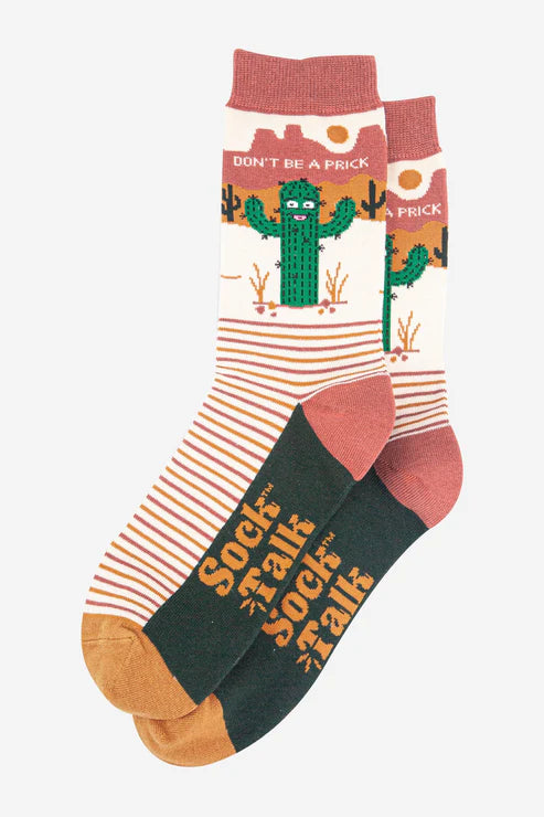 Sock Talk Men's Combed Cotton Crew Socks- Cream, Prickly Cactus