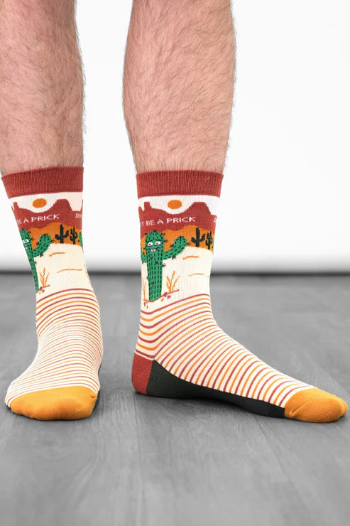 Sock Talk Men's Combed Cotton Crew Socks- Cream, Prickly Cactus