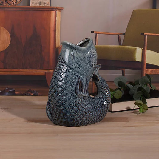 Ceramic Fish Gurgle Jug Vase Aqua 23cm
