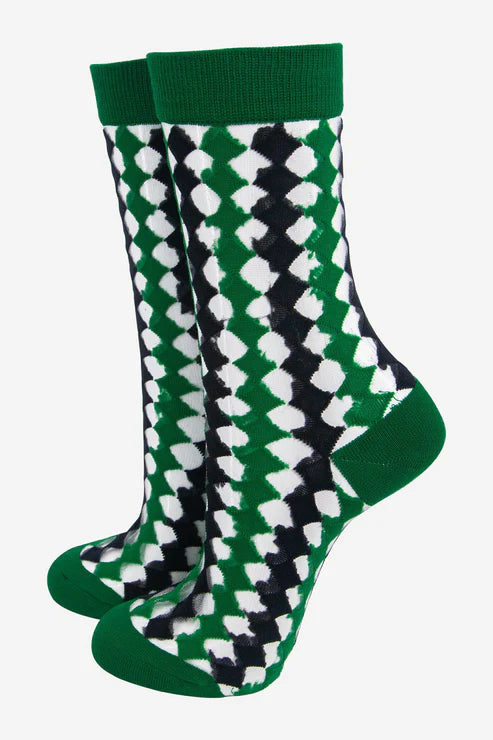 Sock Talk Women's Sheer Ankle Socks- Green/Black, Diamond