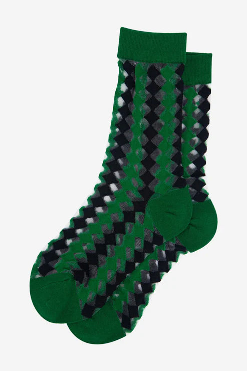 Sock Talk Women's Sheer Ankle Socks- Green/Black, Diamond
