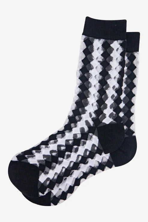 Sock Talk Women's Sheer Ankle Socks- Black/White, Diamond