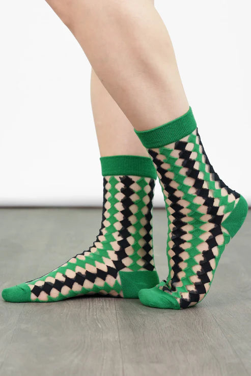 Sock Talk Women's Sheer Ankle Socks- Green/Black, Diamond