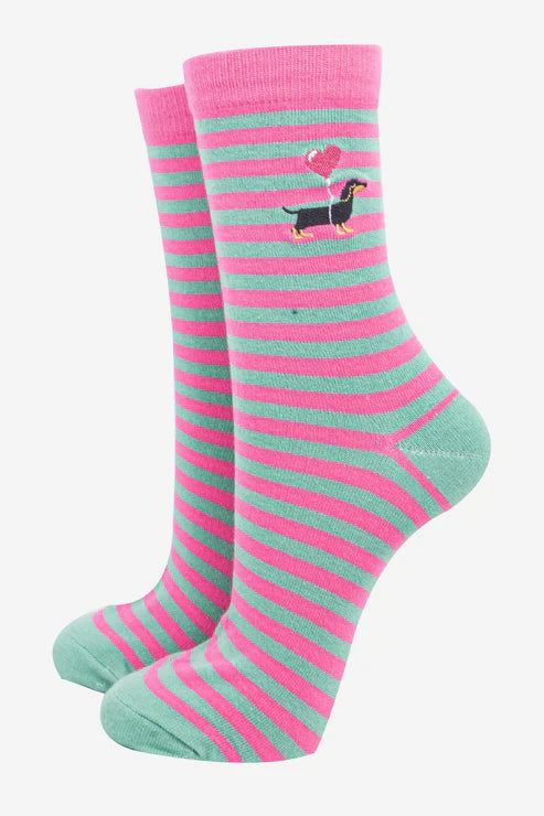 Sock Talk Women's Embroidered Ankle Socks- Pink, Sausage Dog Stripe