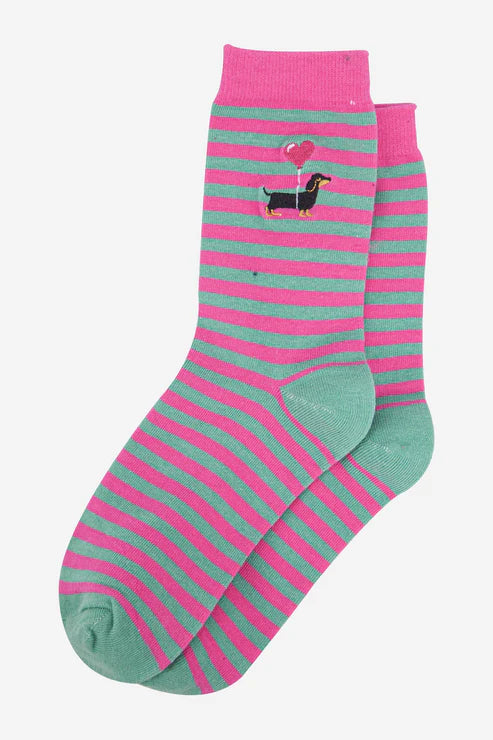 Sock Talk Women's Embroidered Ankle Socks- Pink, Sausage Dog Stripe