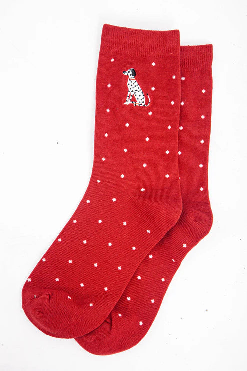 Sock Talk Women's Embroidered Ankle Socks - Red, Dalmatian Polka Dot