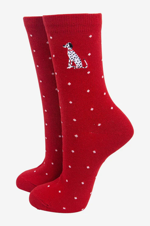 Sock Talk Women's Embroidered Ankle Socks - Red, Dalmatian Polka Dot