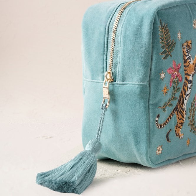 Elizabeth Scarlett Celestial Tigers Velvet Wash Bag -  Dusky Teal