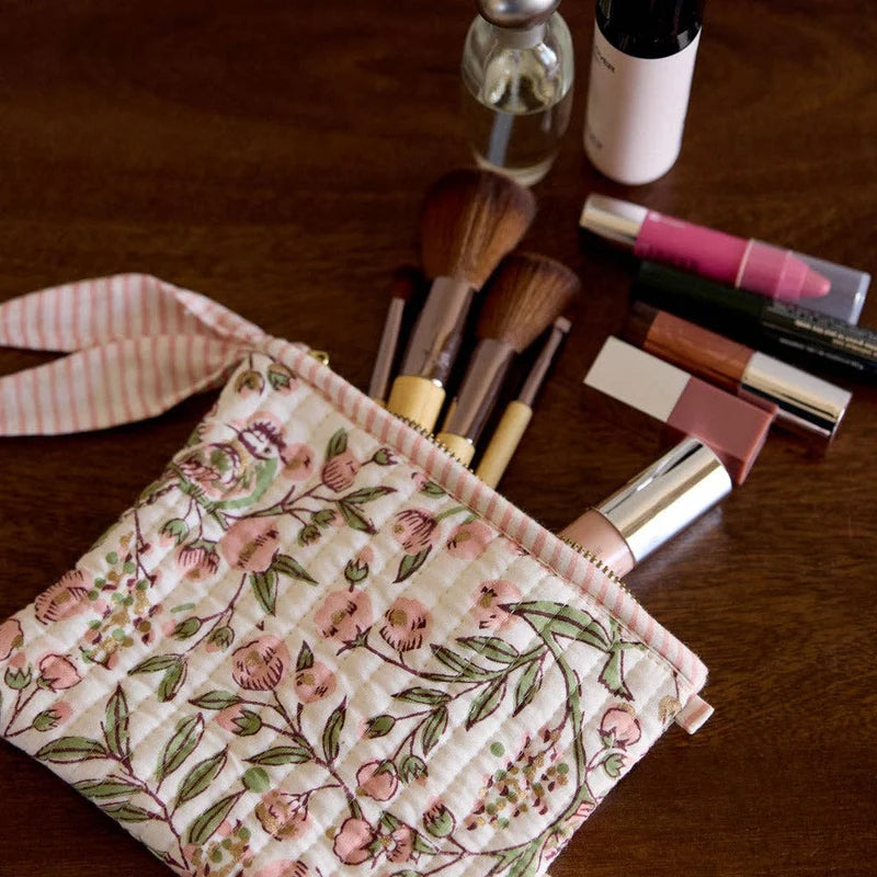 Paper Mirchi - Organic Cotton Block Printed Mini Zipped Pouch - Pink
