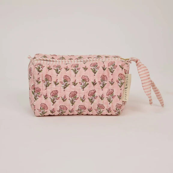 Paper Mirchi - Organic Cotton Block Printed Wash Bag - Pink Floral, Small