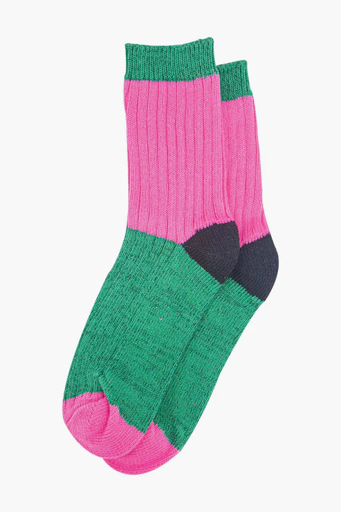 Sock Talk Women's Mid-Calf Socks- Pink/Green, Colour Block