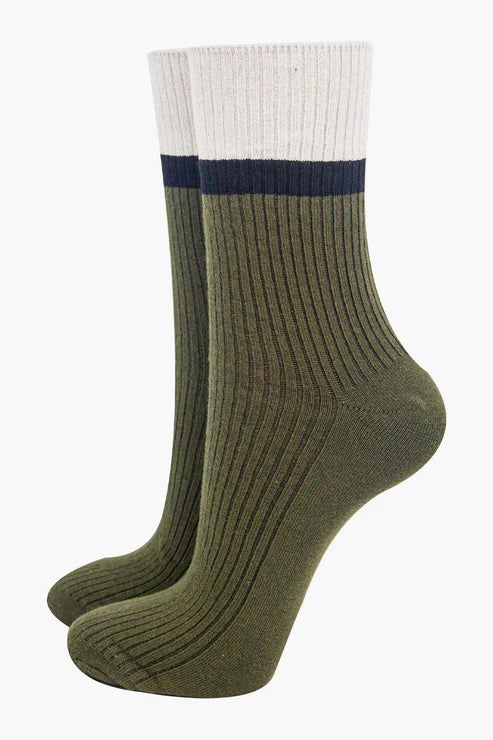 Sock Talk Women's Mid-Calf Socks- Khaki/Cream, Contrast Cuff