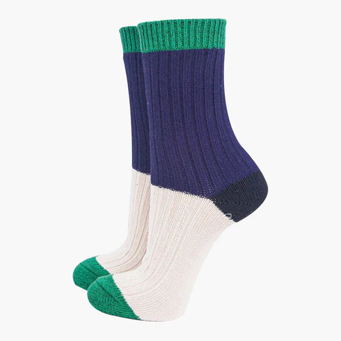 Sock Talk Women's Mid-Calf Socks- Navy Blue/Cream, Colour Block