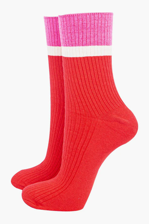 Sock Talk Women's Mid-Calf Socks- Red/Pink, Contrast Cuff