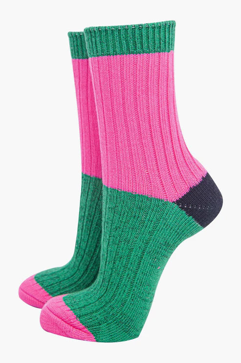 Sock Talk Women's Mid-Calf Socks- Pink/Green, Colour Block