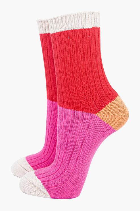 Sock Talk Women's Mid-Calf Socks- Red/Pink, Colour Block