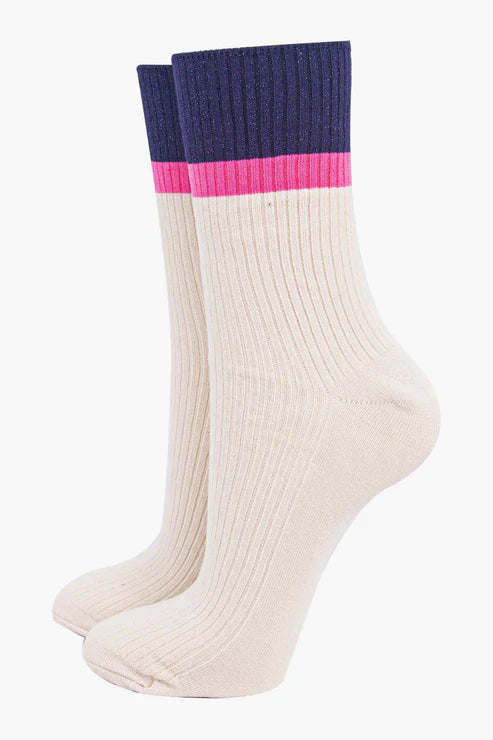 Sock Talk Women's Mid-Calf Socks- Cream/Navy Blue, Contrast Cuff
