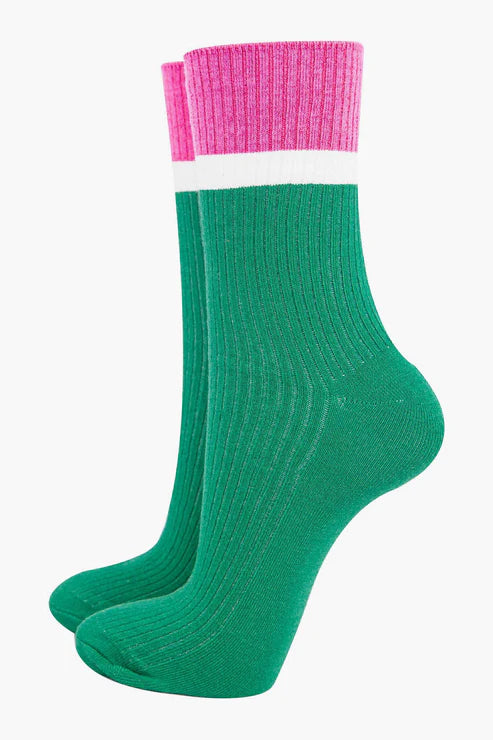 Sock Talk Women's Mid-Calf Socks- Green/Pink, Contrast Cuff