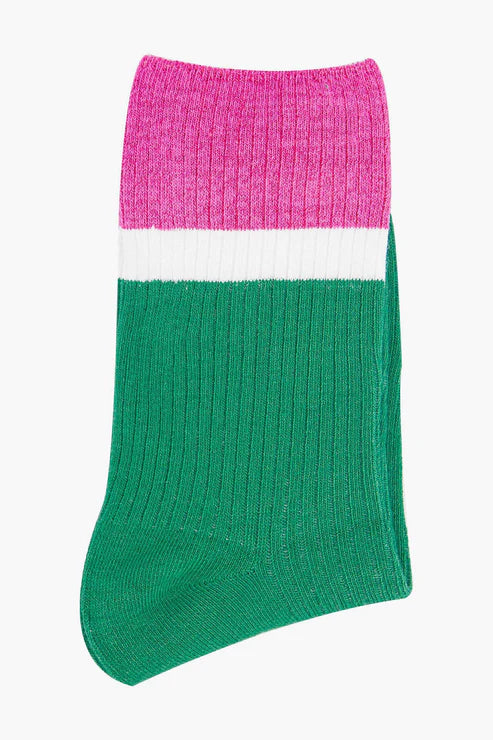 Sock Talk Women's Mid-Calf Socks- Green/Pink, Contrast Cuff