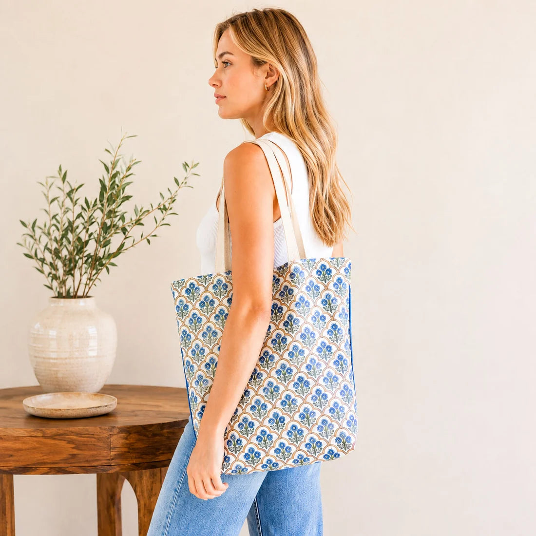 Paper Mirchi - Blue Floral Block Print Organic Cotton Tote Bag