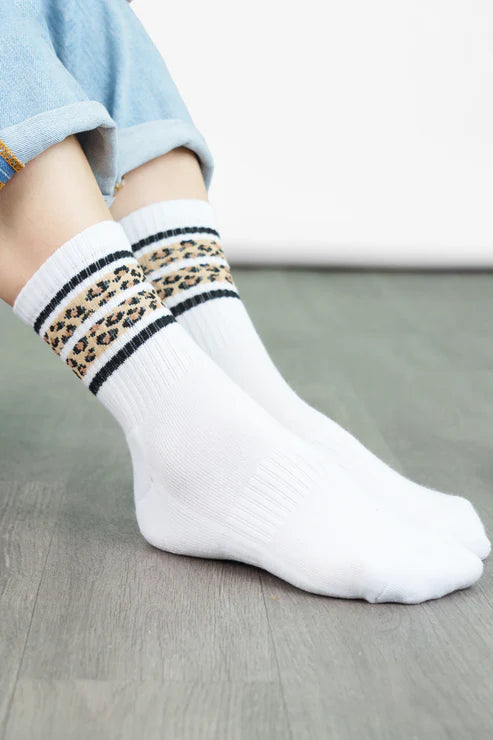 Sock Talk Women's Sporty Socks - White, Leopard Stripe