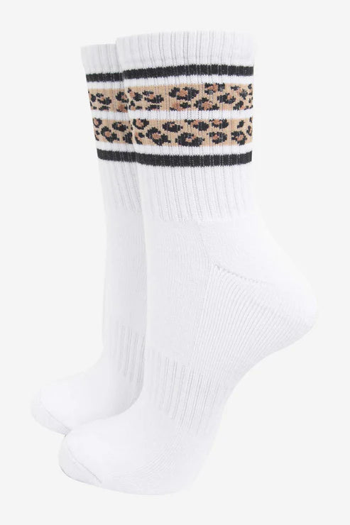Sock Talk Women's Sporty Socks - White, Leopard Stripe