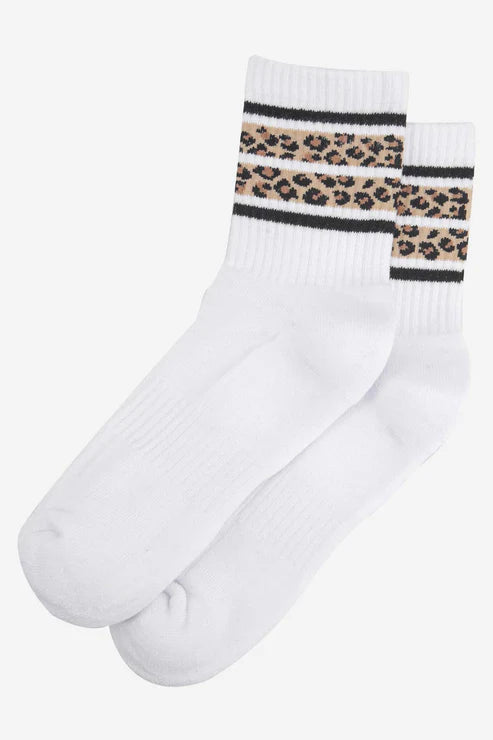 Sock Talk Women's Sporty Socks - White, Leopard Stripe