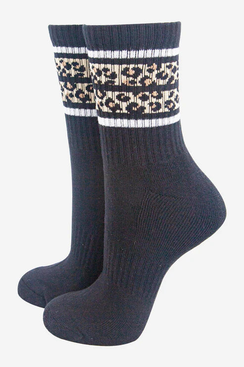 Sock Talk Women's Sporty Socks - Black, Leopard Stripe