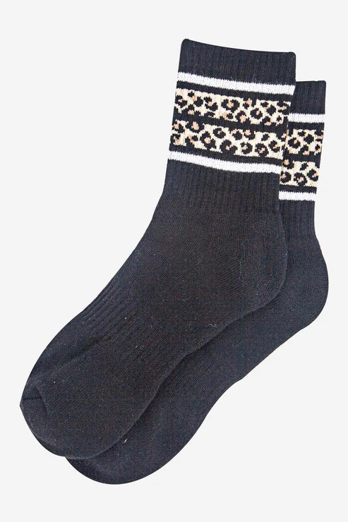 Sock Talk Women's Sporty Socks - Black, Leopard Stripe