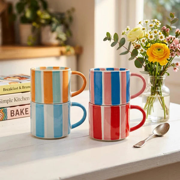 Lesser & Pavey - Stackable Striped Pink, Blue & Red Mugs (Set of 2)