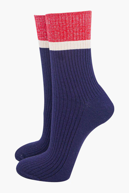 Sock Talk Women's Mid-Calf Socks- Navy Blue/Red, Contrast Cuff