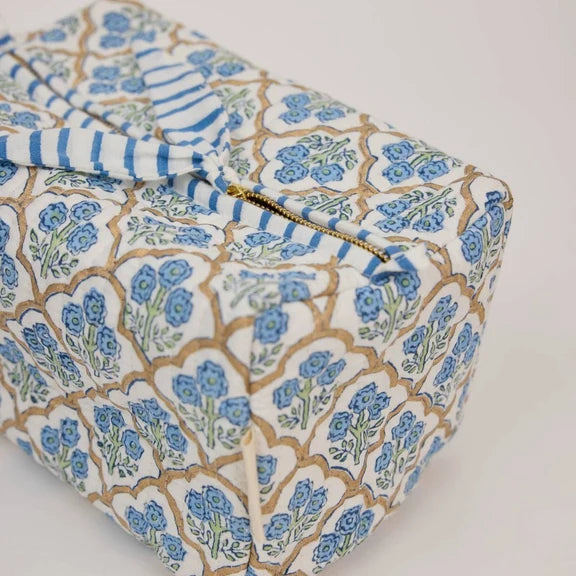 Paper Mirchi - Organic Cotton Block Printed Wash Bag - Blue Trellis, Large