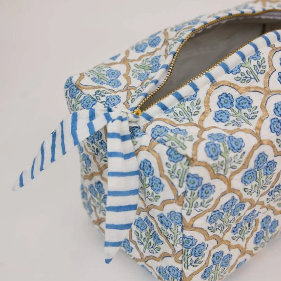Paper Mirchi - Organic Cotton Block Printed Wash Bag - Blue Trellis, Large