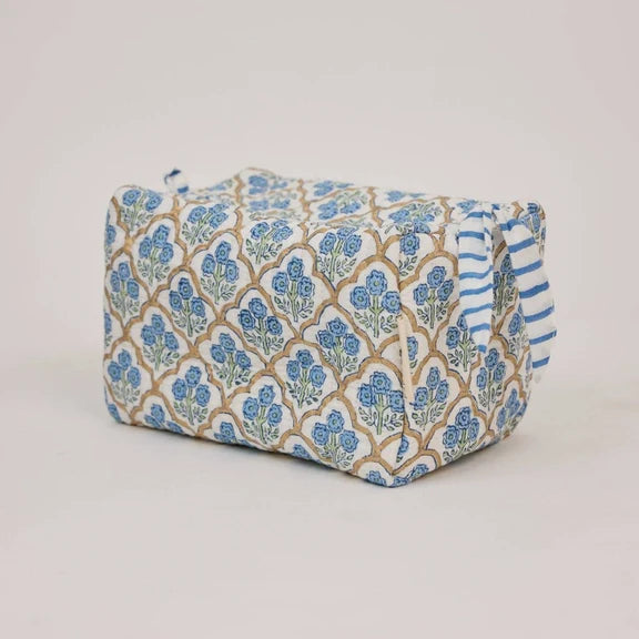 Paper Mirchi - Organic Cotton Block Printed Wash Bag - Blue Trellis, Large